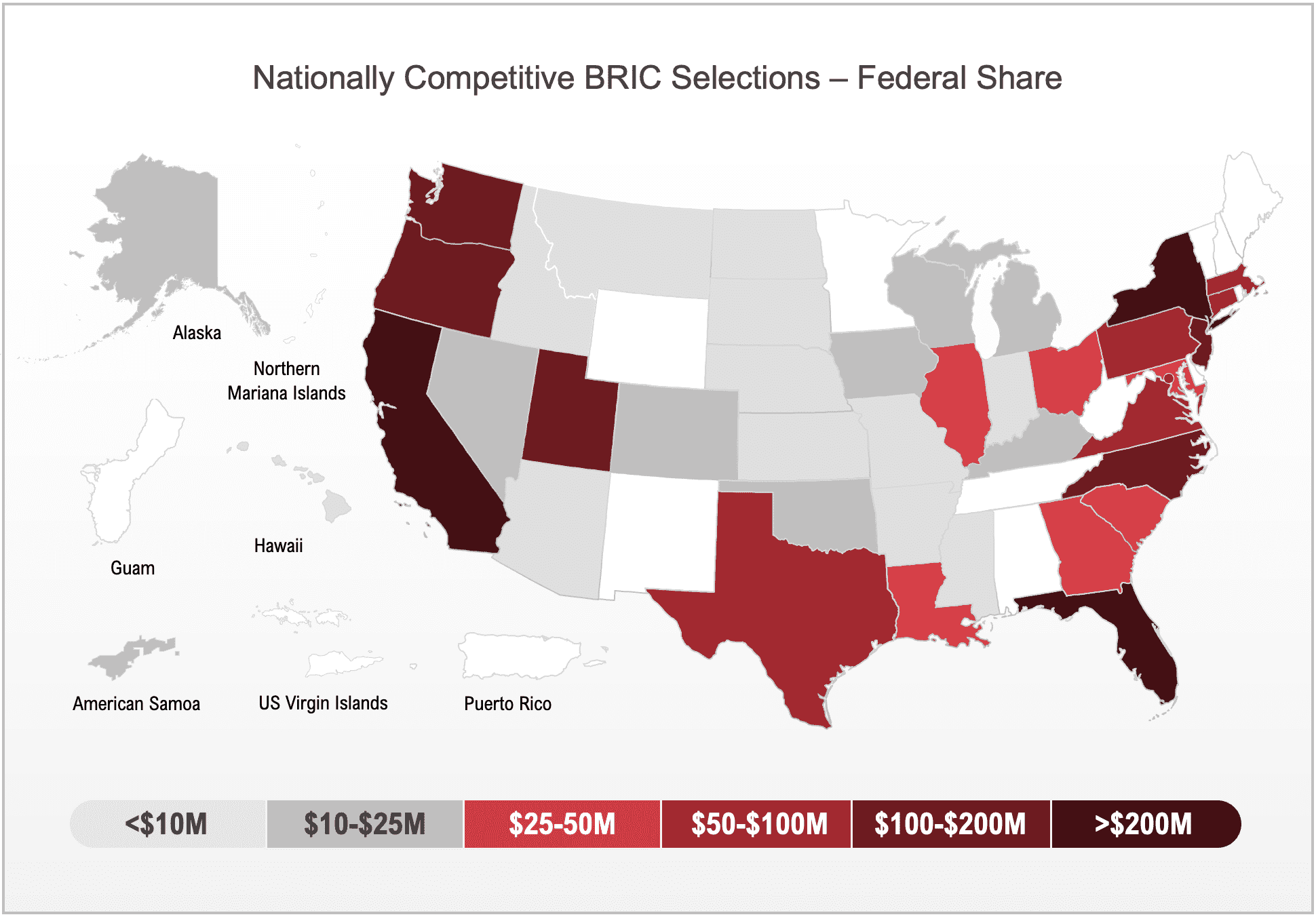 Map of FEMA's nationally competitive BRIC selections by federal share.