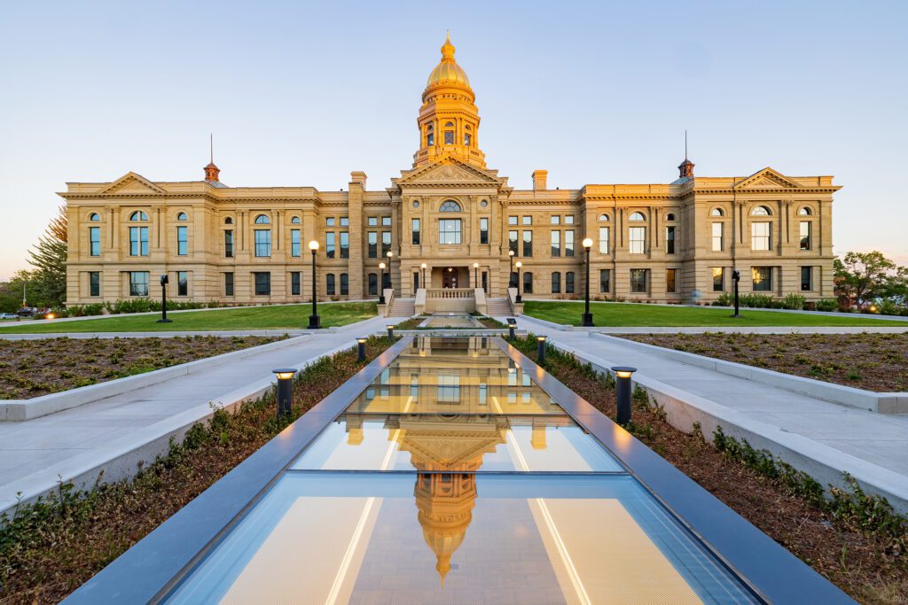 Sunset view of the beautiful Wyoming State capitol building and budget department.