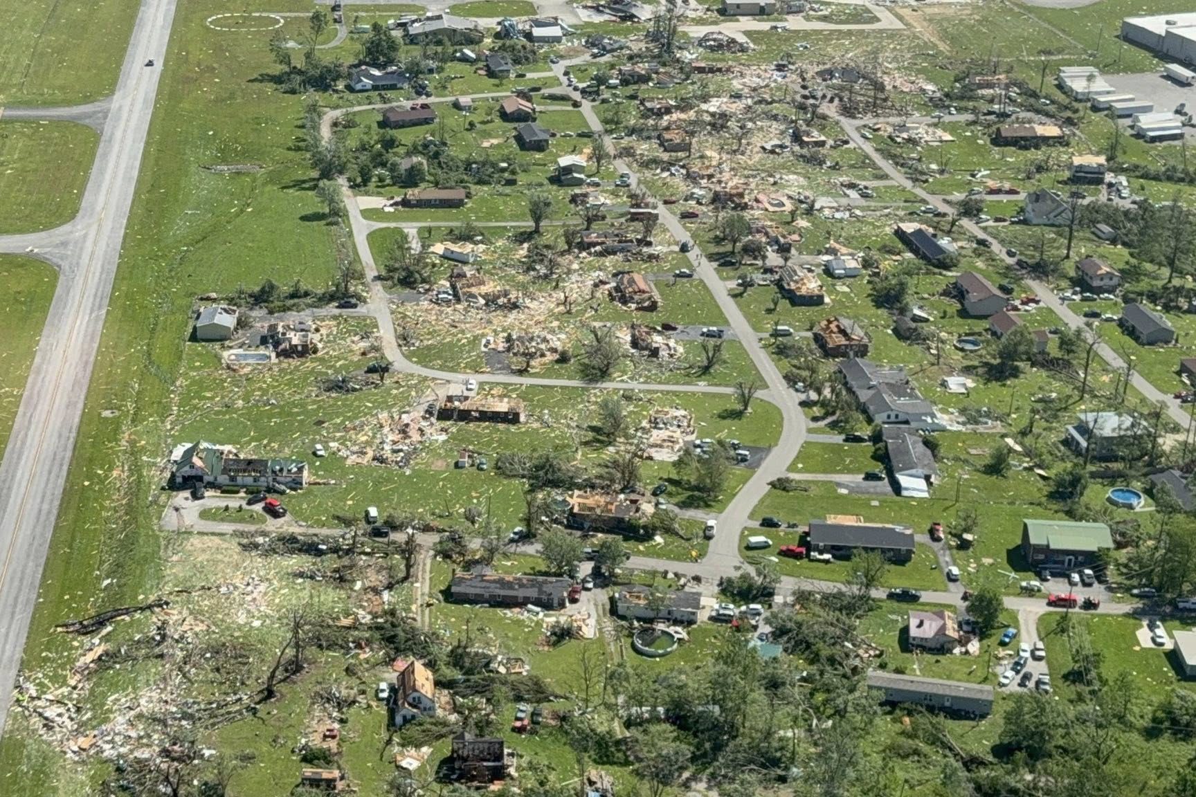 Overhead shot of the tornado damage in London, Kentucky, on May 16, 2025.